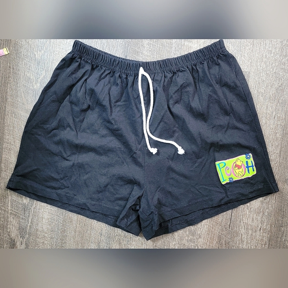 90's Vintg Disney Winnie The Pooh Drawstring Sweat Shorts Womens L Black w Print